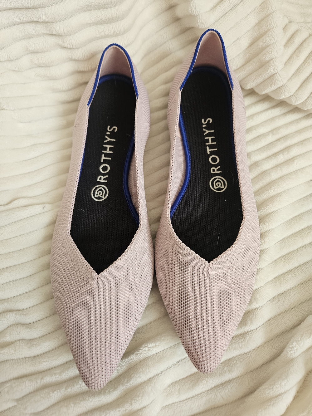 Rothy's Pale Lilac Pointed Knit Flats with Blue Trim